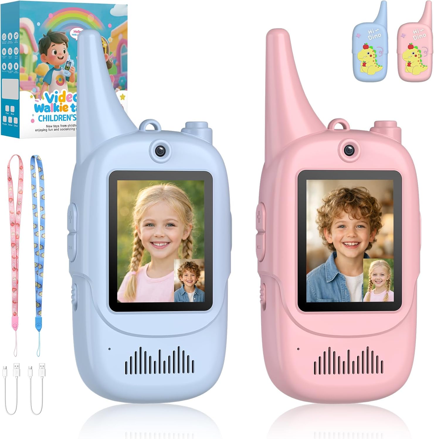 Video Walkie Talkies for Kids with Cute Silicone Case, 2 Pack Rechargeable Two Way Radios Toys for Boys Girls Age 3-8, Easy to Use, for Family Game Outside Camping Indoor Outdoor, Blue/Pink