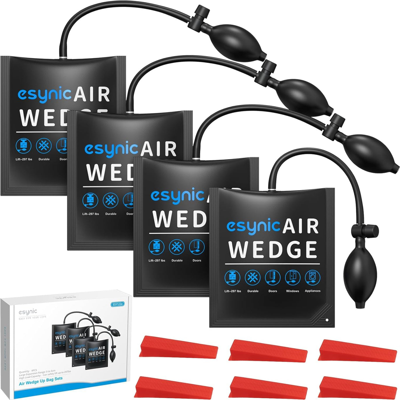 eSynic 4 Pack Heavy-Duty Air Wedge Bag Kit – 300lbs Polyurethane Rubber Door Lifting Bag with Quick-Release Valve & 6 Wedges Durable Air Shim Pump Up to 2