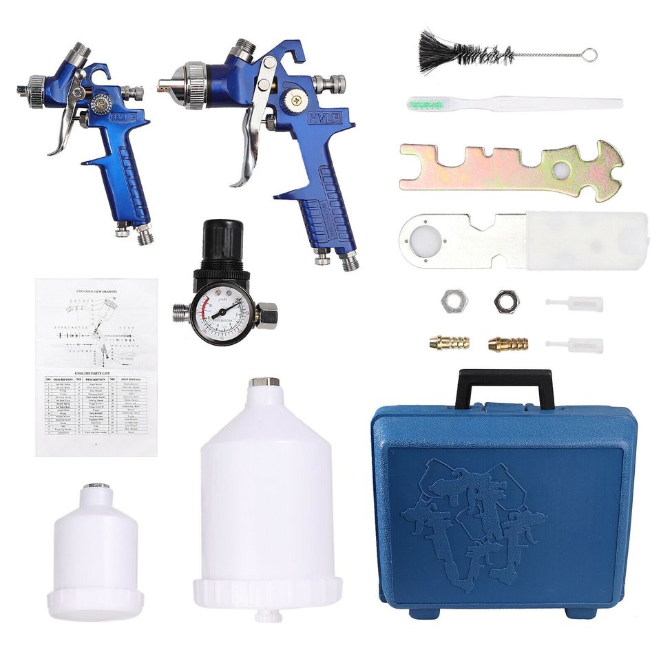 eSynic 1.4+0.8mm 2 HVLP Gravity Feed Spray Gun w/ Regulator Auto Air Paint Primer &Case