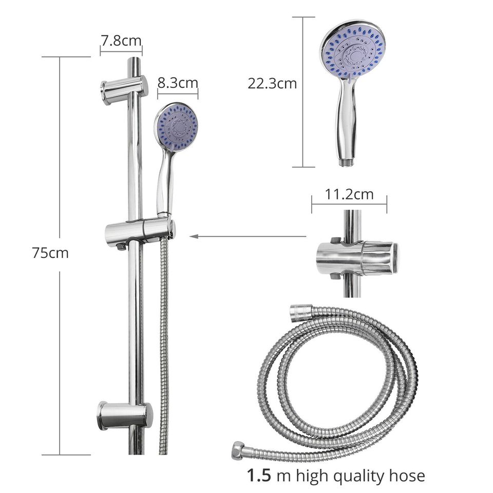 eSynic Adjustable Chrome Shower Slider Riser Rail Bar Set w/ Modern Head & Hose Holder