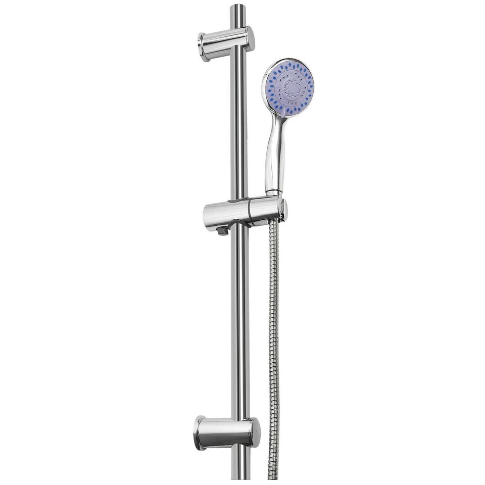 eSynic Adjustable Chrome Shower Slider Riser Rail Bar Set w/ Modern Head & Hose Holder