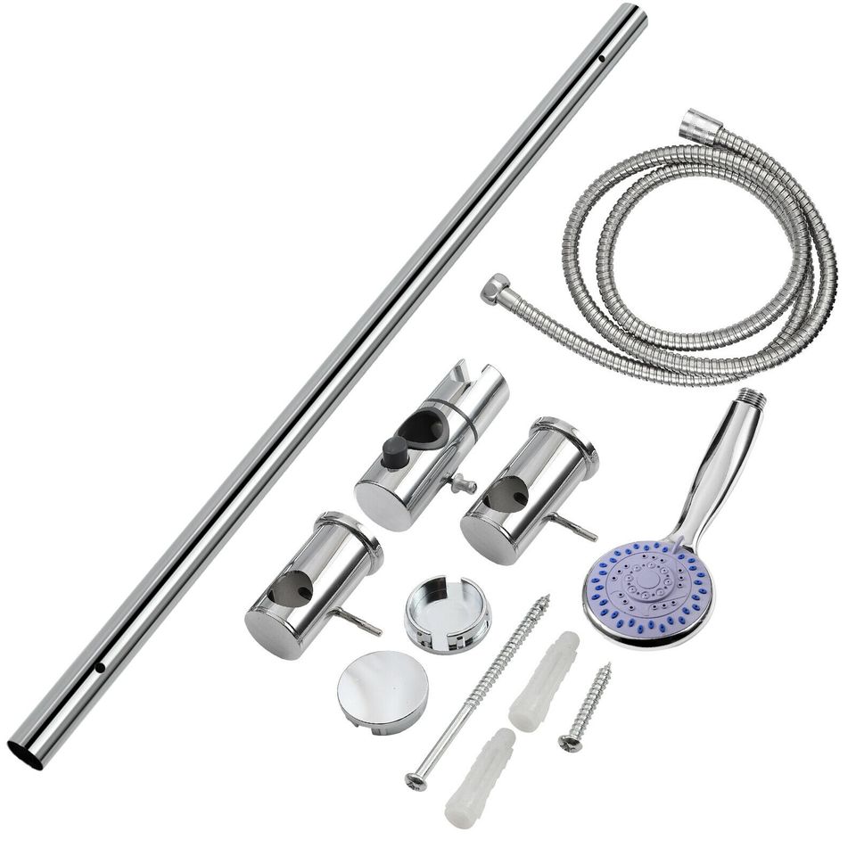 eSynic Adjustable Chrome Shower Slider Riser Rail Bar Set w/ Modern Head & Hose Holder