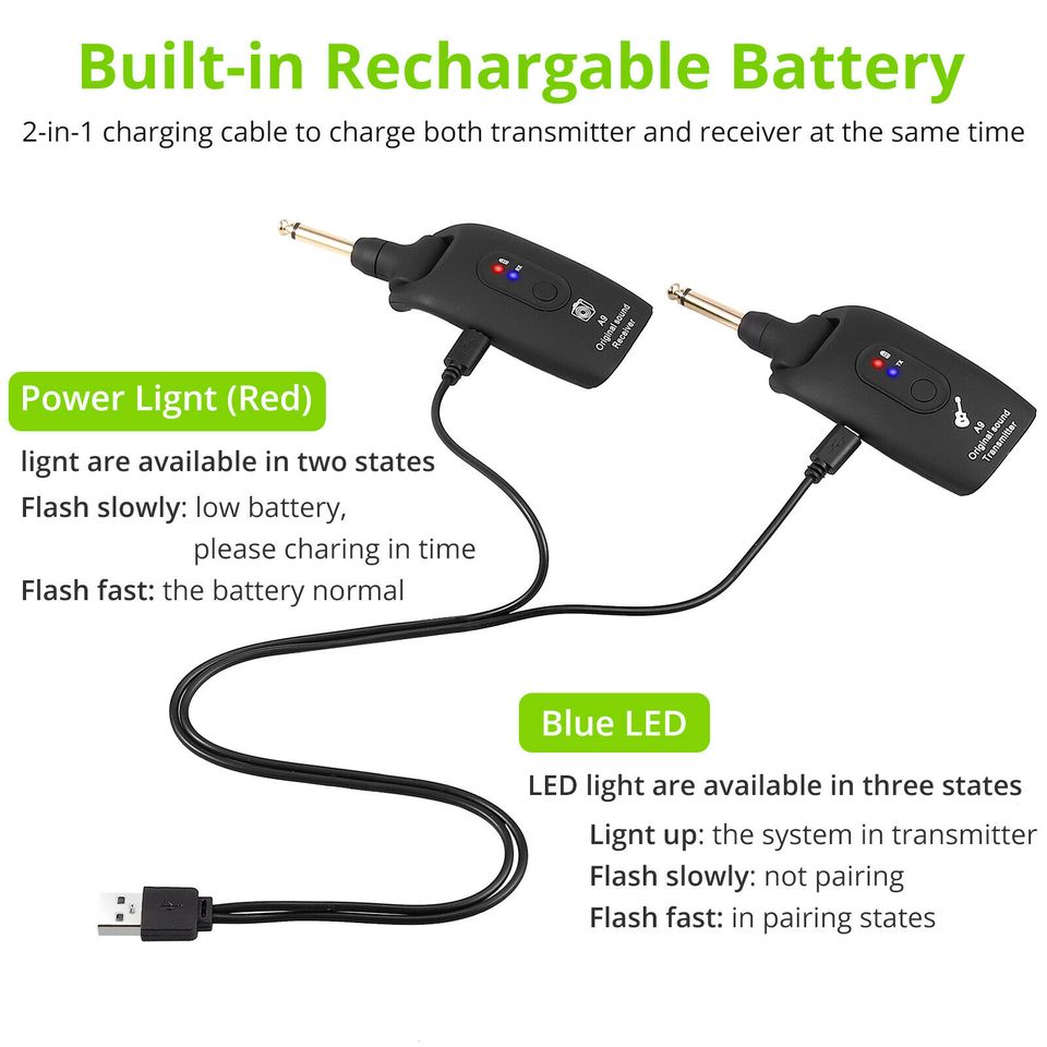 eSynic 2.4GHZ UHF Wireless Guitar Bass System Transmitter Receiver Built-in Rechargable