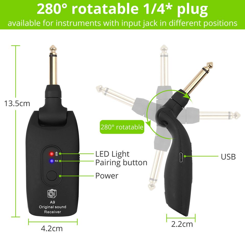 eSynic 2.4GHZ UHF Wireless Guitar Bass System Transmitter Receiver Built-in Rechargable