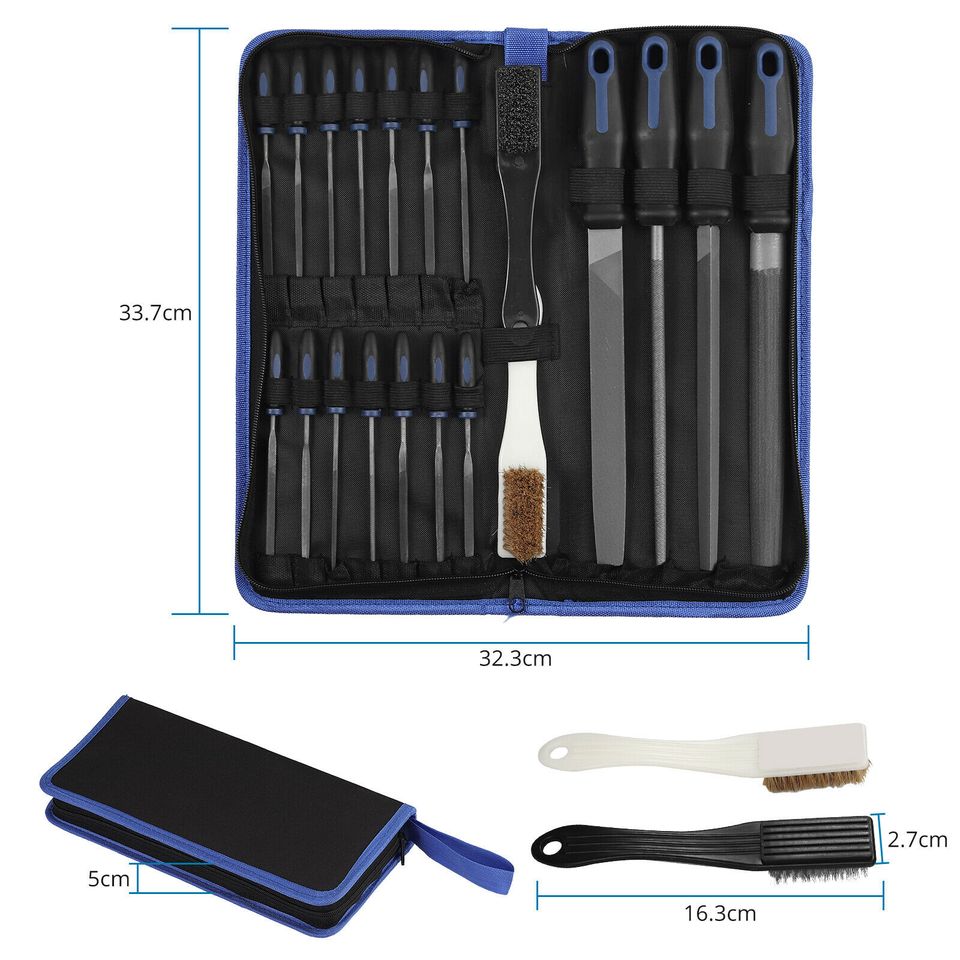eSynic 20Pc File Set Flat, Half-Round, Round, Triangle, Needle File+Bruch Pack in Pouch US