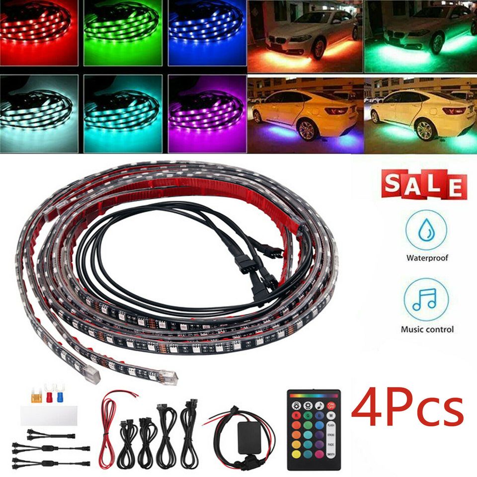 eSynic 4 PCS RGB LED Strip Under Car Tube Underglow Underbody System Neon Lights Kit US