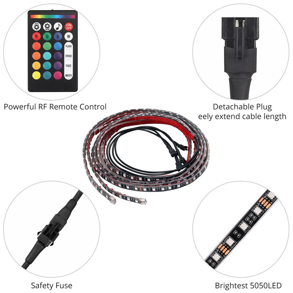 eSynic 4 PCS RGB LED Strip Under Car Tube Underglow Underbody System Neon Lights Kit US