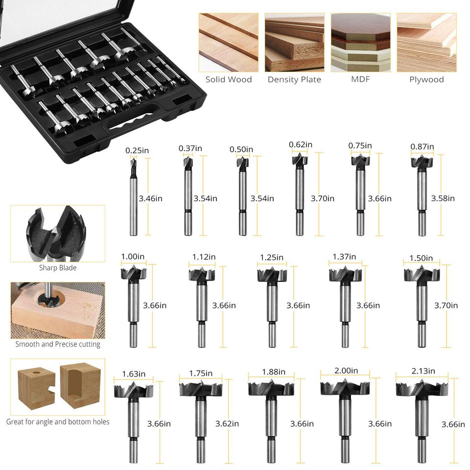 eSynic 16Pc Forstner Drill Bit Set 3/8