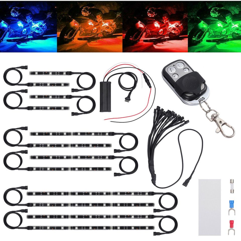 eSynic 12X Motorcycle Led Lights Wireless Remote 15 Color Neon Glow Light Strips Kit UK