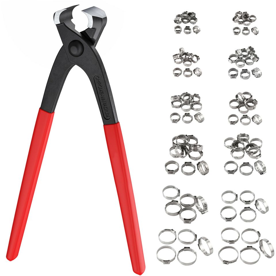 eSynic 100Pc Single Ear Stepless Hose Clamp Stainless Steel + Pincer Crimper Tool Kits