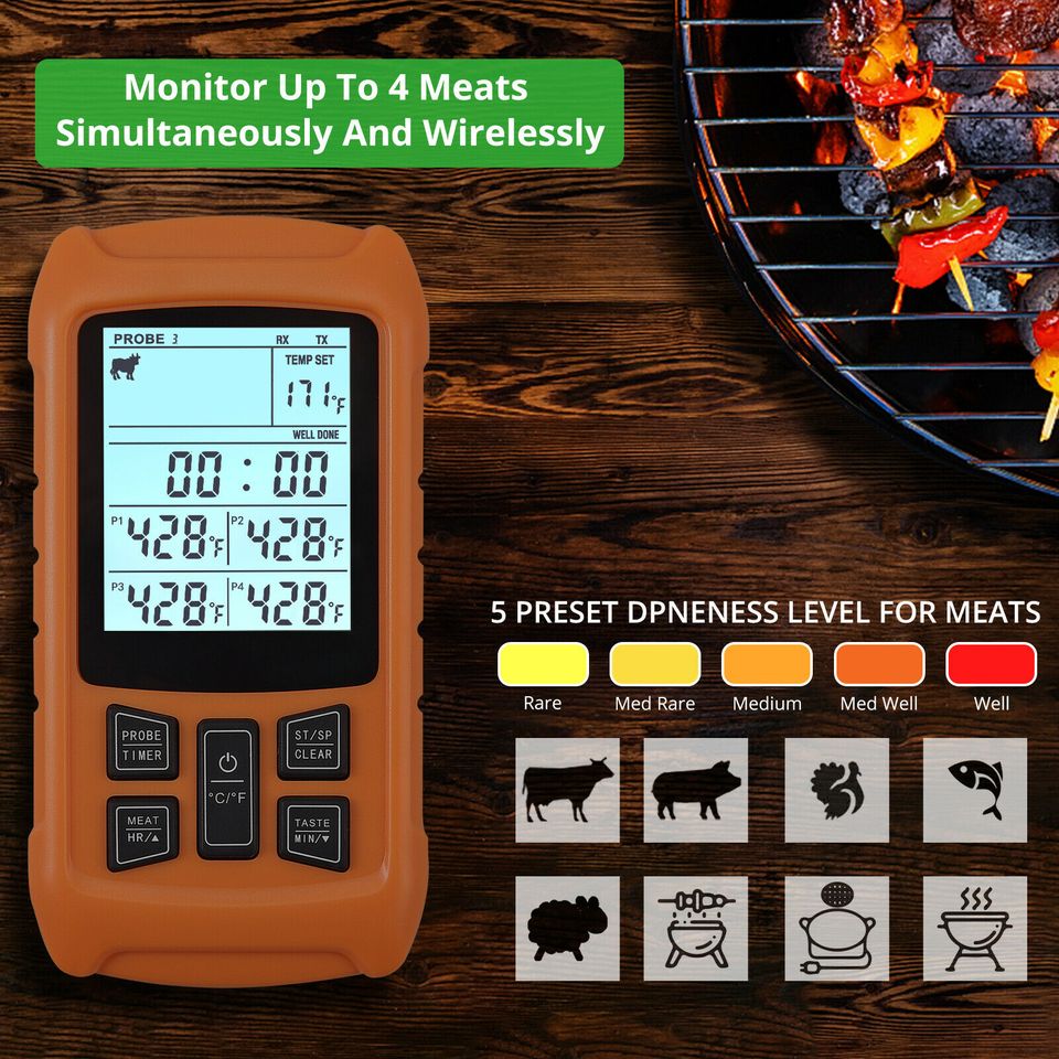 eSynic Wireless Cooking Thermometer Digital BBQ Grill Oven Meat Remote 328 Feet w/Probe DE