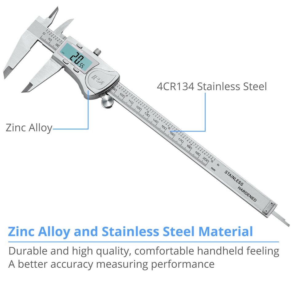 eSynic 8 in Stainless Steel Digital Vernier Caliper Waterproof Micrometer Feeler Gauge