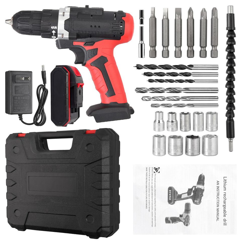 eSynic 21-Volt Drill Lithium-ion Electric Cordless Drill / Driver w/ Bits Set&Battery
