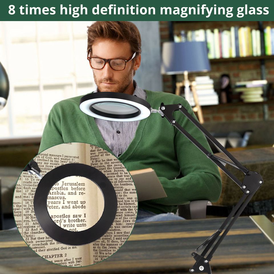 LED Magnifier Lamp 8X Magnifying Glass Desk Table Reading Lamp w/ Clamp  C6R1