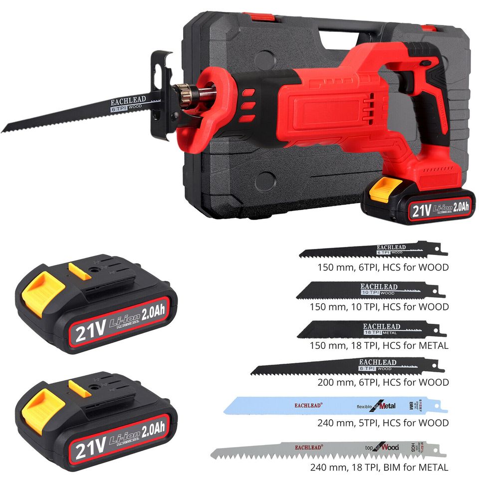 eSYNiC 21V Cordless Reciprocating Saw Recip Sabre Saw Blades + Battery for Wood, Metal