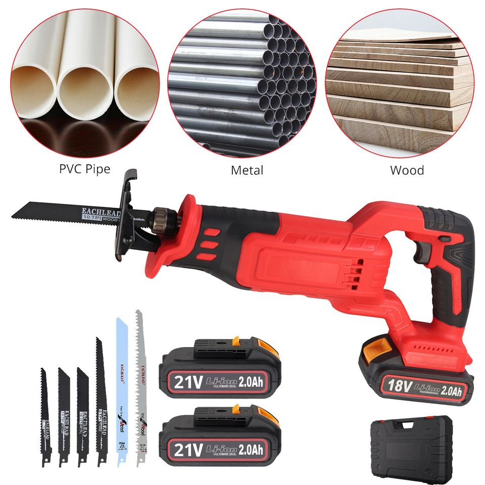 eSYNiC 21V Cordless Reciprocating Saw Recip Sabre Saw Blades + Battery for Wood, Metal