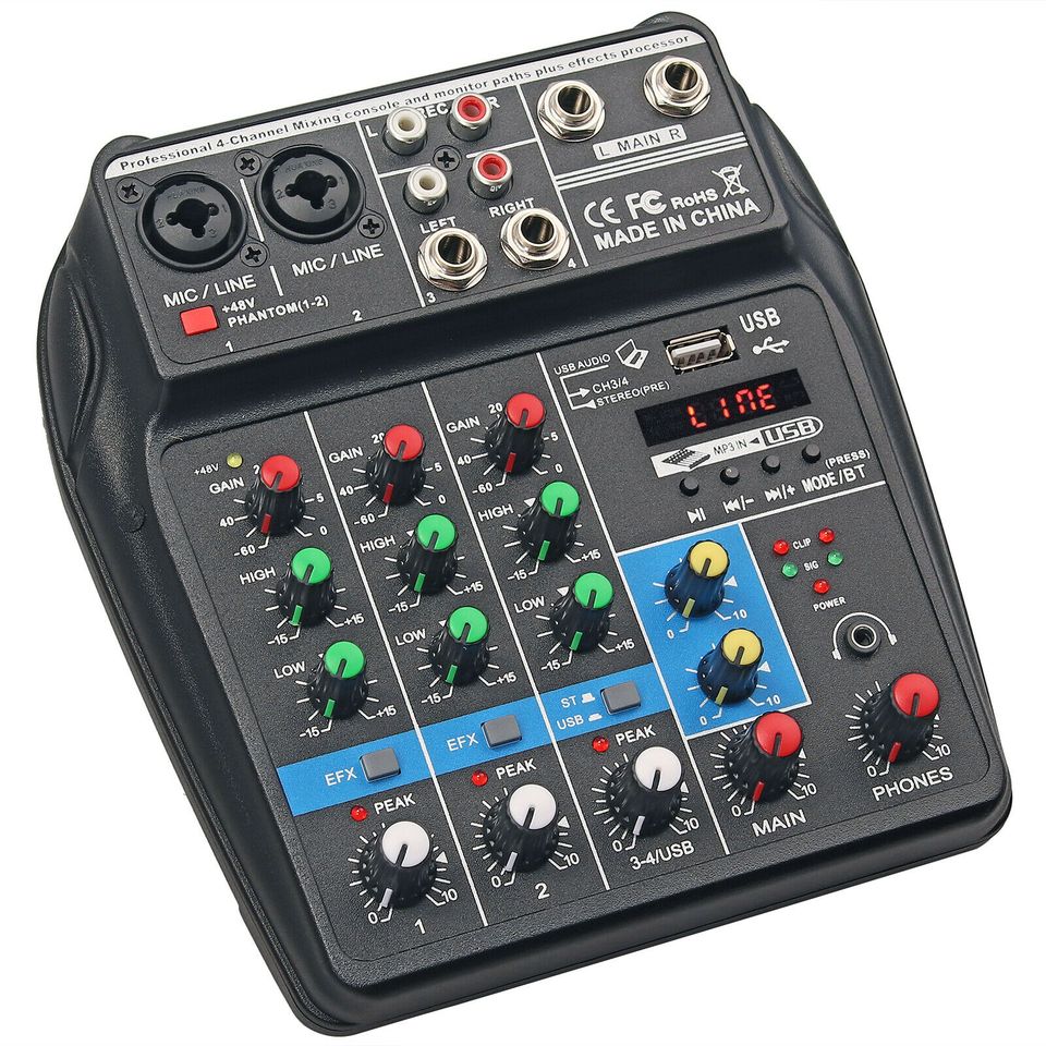 eSynic 4 Channel Audio Mixer with Sound Card Mixing Console Bluetooth USB for Recording