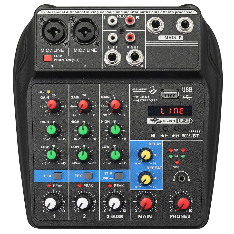 eSynic 4 Channel Audio Mixer with Sound Card Mixing Console Bluetooth USB for Recording
