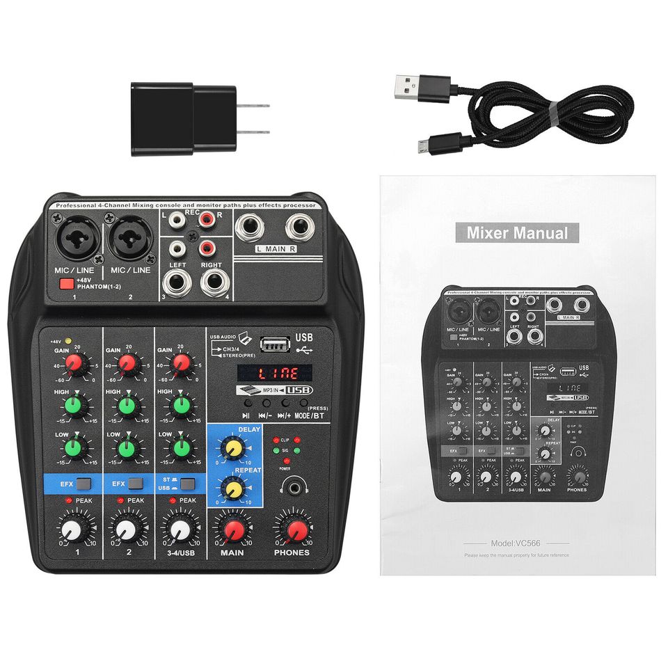 eSynic 4 Channel Audio Mixer with Sound Card Mixing Console Bluetooth USB for Recording