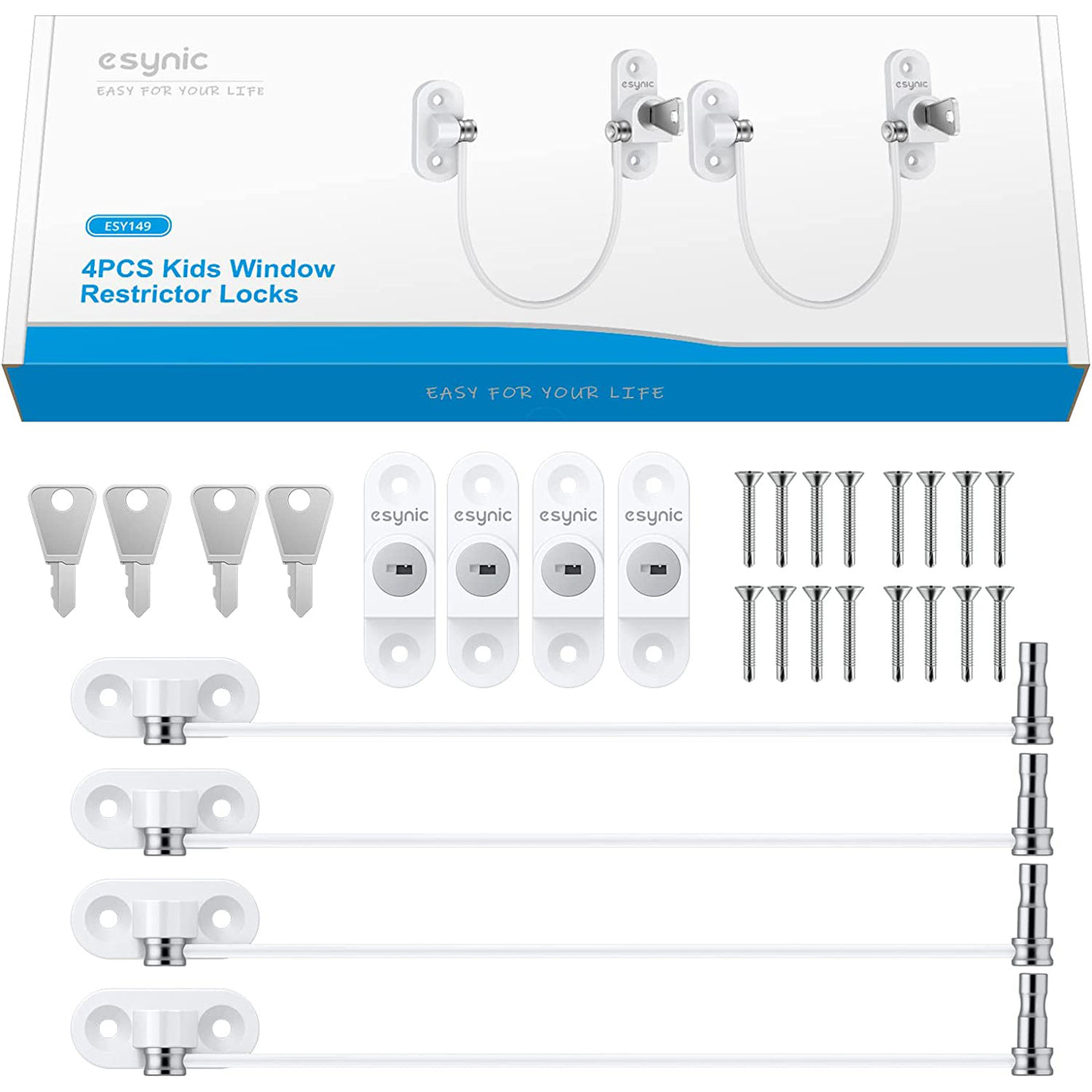 eSynic 4pcs Kids Window Restrictor Locks Window Lock UPVC - White