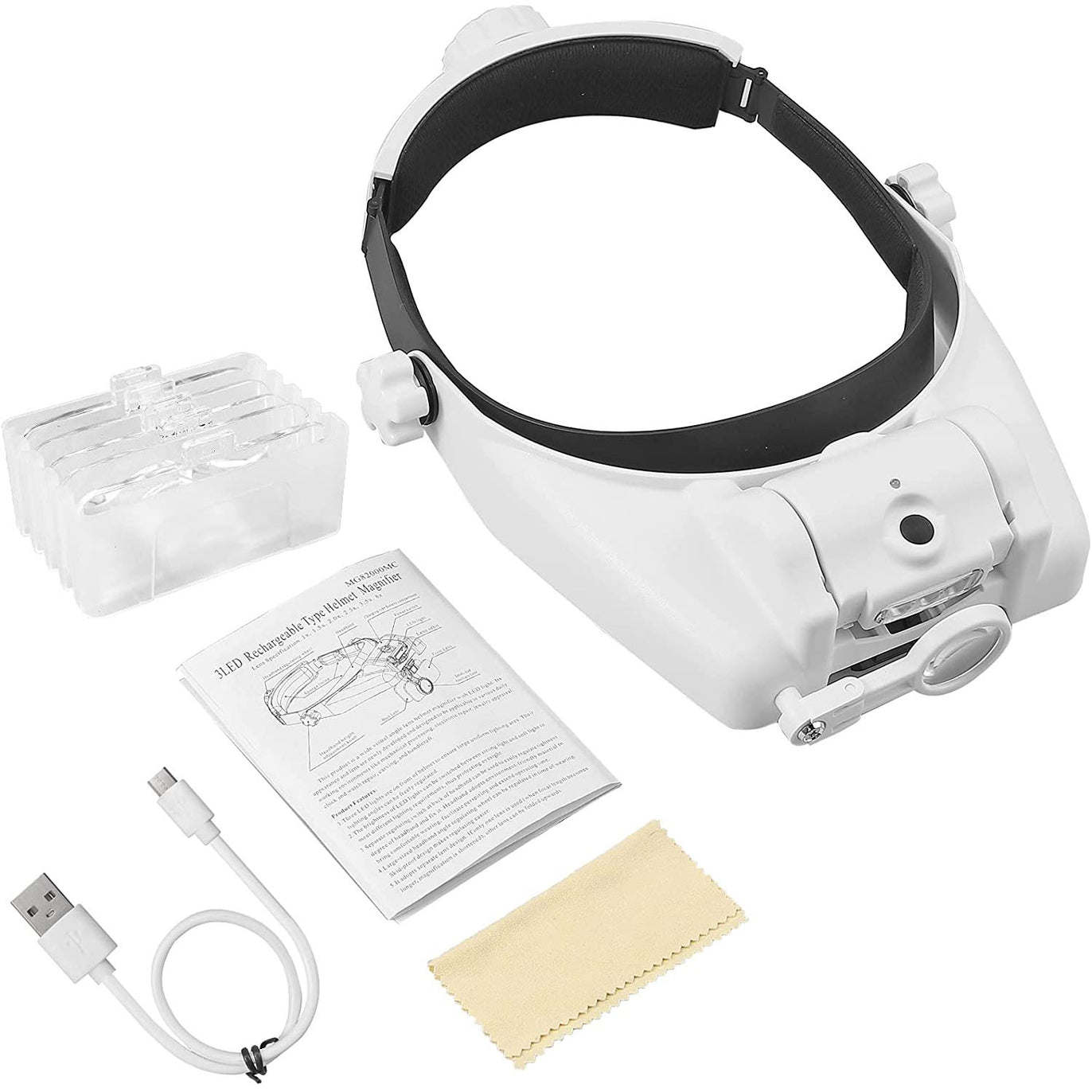 eSynic Head Magnifier Rechargeable 1X to 3.5X 5 Detachable Lenses Head Magnifier