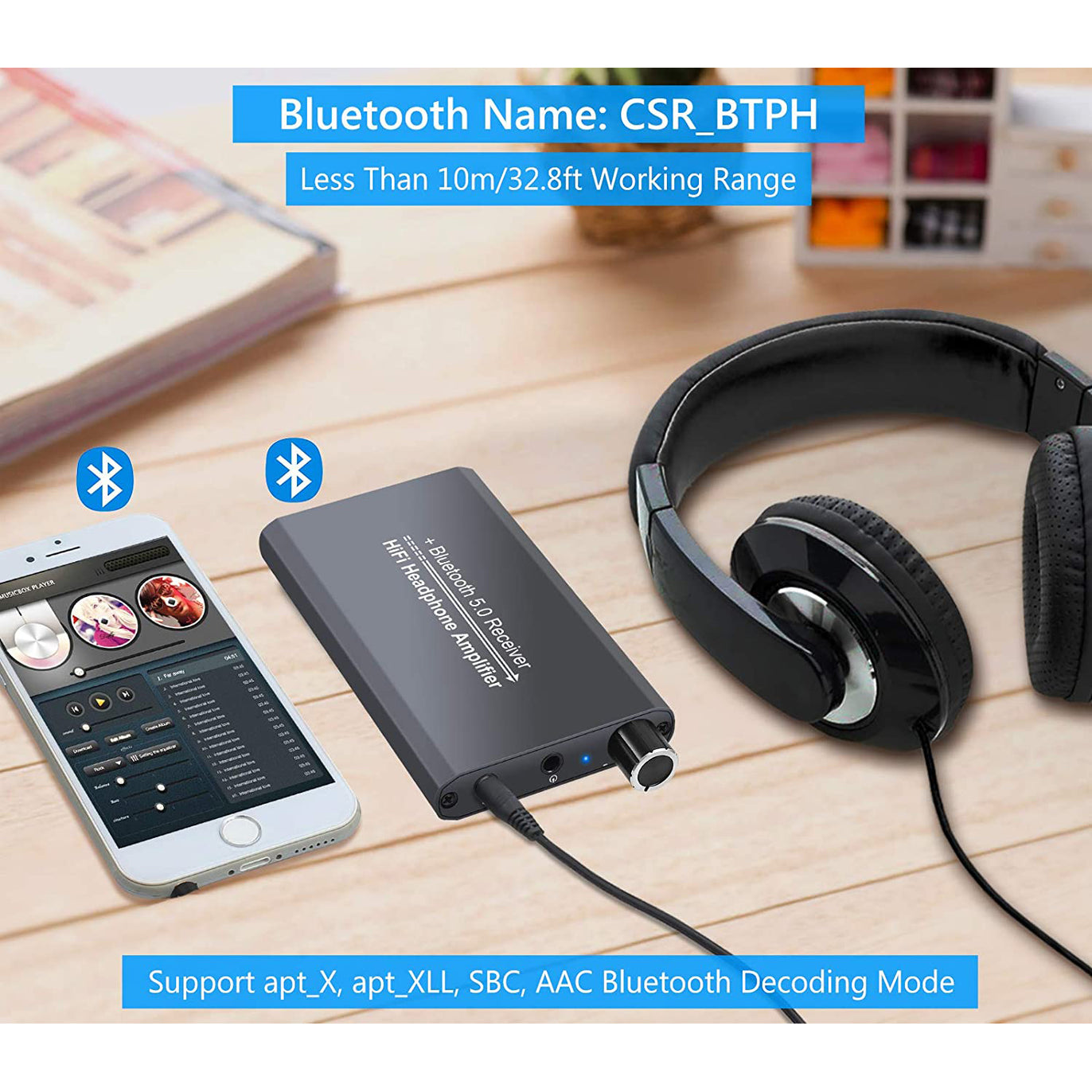 eSynic HiFi Headphone Amplifier Portable Bluetooth 5.0 Receiver 16-300Ω