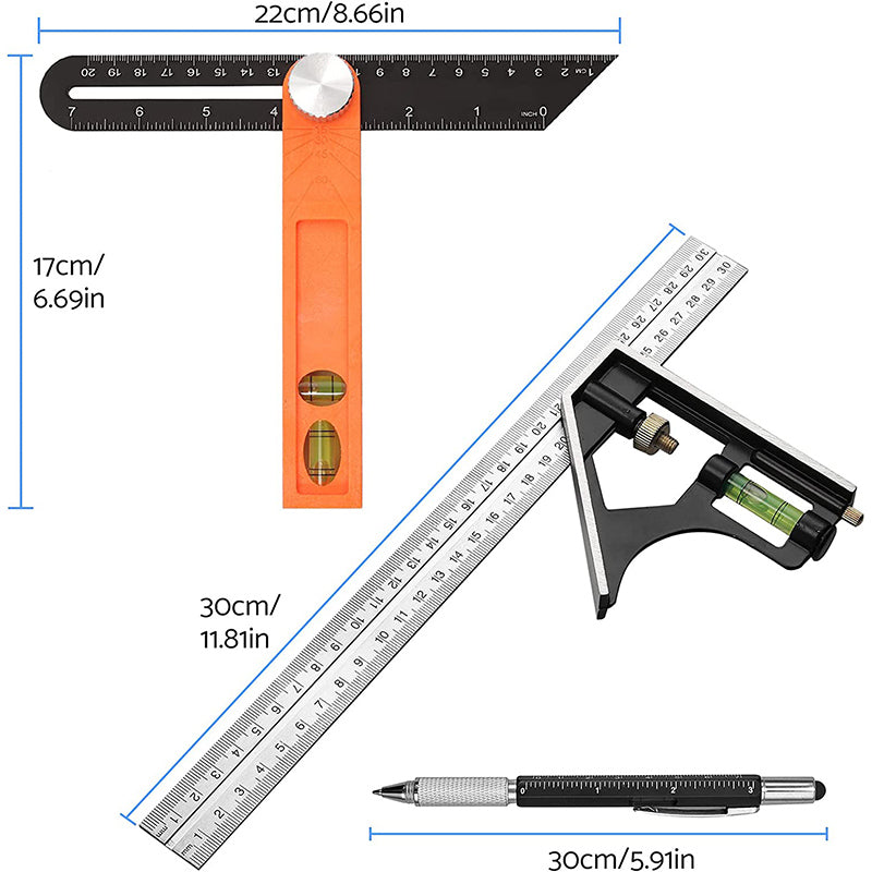 eSynic Professional 2Pcs Carpentry Squares Set 300mm Combination Square and 8-Inch Adjustable Sliding Bevel Gauge