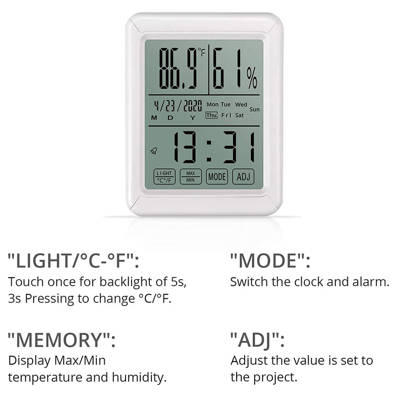 eSynic Backlight Touchable LCD Temperature Hygrometer Thermometer