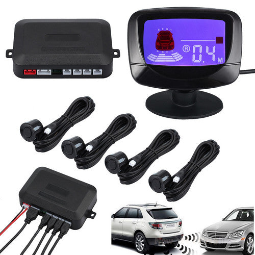 Black 4 Car Reversing Parking Sensors Kit Buzzer Audio Alarm LCD Display DC 12V