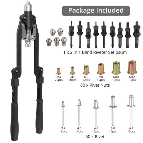 2in1 Blindnietzange Nietmutternzange Set 80x Nietmutter M4-12 50x Nieten 3.2-6.4