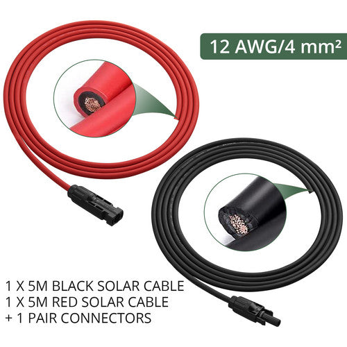 1Pair Solar Panel Extension Cable Wire Black & Red 12 AWG Wire Connector 16 Feet