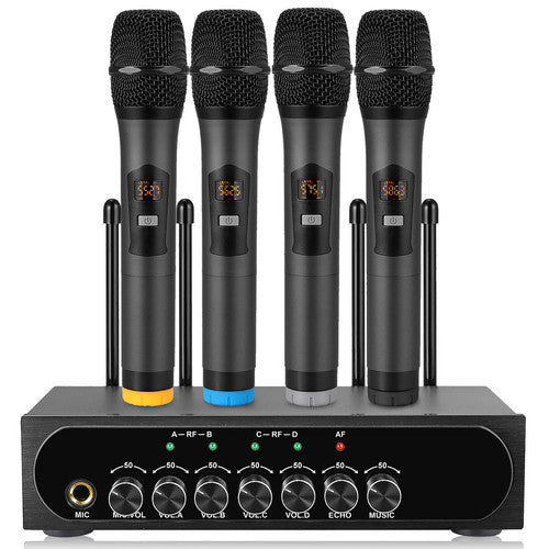 eSynic Portable UHF 4 Channel UHF Wireless Four Microphone Cordless Handheld Mic System